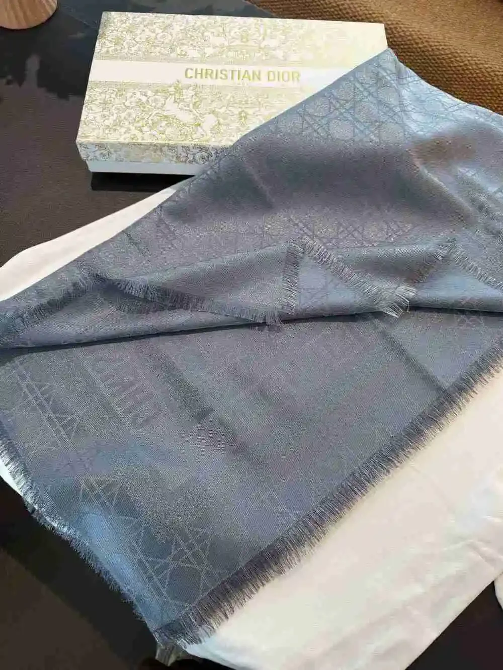 DIOR Blue Monogram Fringed Scarf